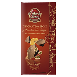 CHOCOLATE CON LECHE Y PISTACHO A LA NARANJA 100G. Chocolates